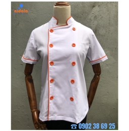 Áo bếp Nam Nữ trắng phối cam vải Kaki dày dặn, đẹp tay ngắn