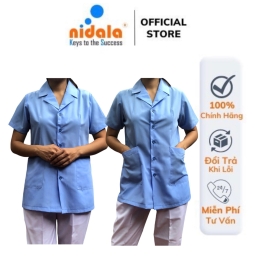 Áo điều dưỡng Nữ tay ngắn, thân lở qua mông màu xanh Nidala chất liệu Kate silk, đường may đẹp, tỉ mỉ