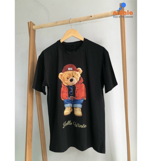Áo thun cổ tròn 100% cotton cao cấp nam nữ Nidala in gấu trẻ trung thấm hút cực tốt, mềm mịn không phai màu