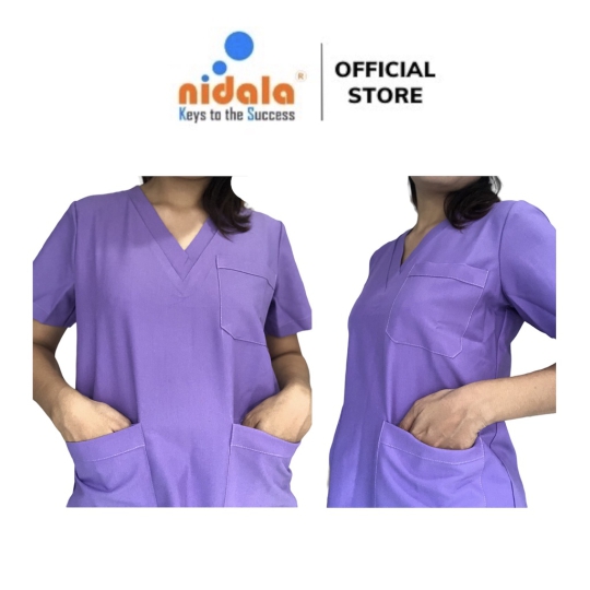Bộ Scrubs cổ V cao cấp trắng, xanh, tím NIDALA đồng phục spa, thẩm mỹ viện ,phòng khám, phòng mổ, nha khoa (In miễn phí)