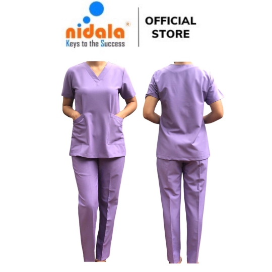 Bộ áo quần Scrubs Nidala cổ tim màu tím bác sĩ, phòng khám, phòng mổ, đồng phục spa, thẩm mỹ viện cao cấp