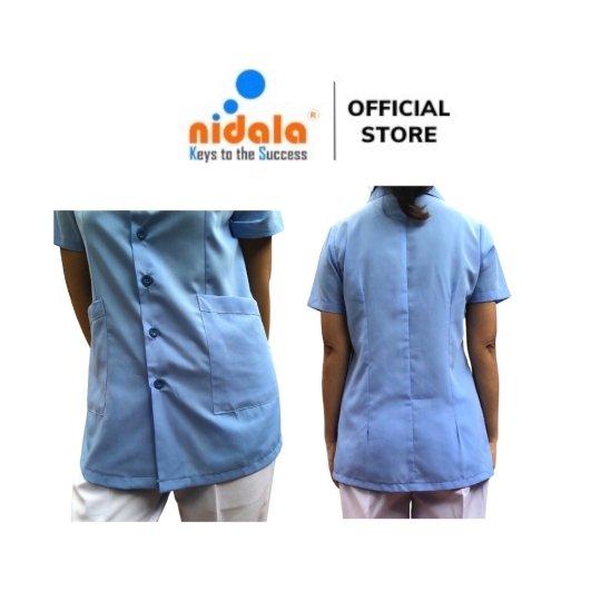 Áo điều dưỡng Nữ tay ngắn, thân lở qua mông màu xanh Nidala chất liệu Kate silk, đường may đẹp, tỉ mỉ